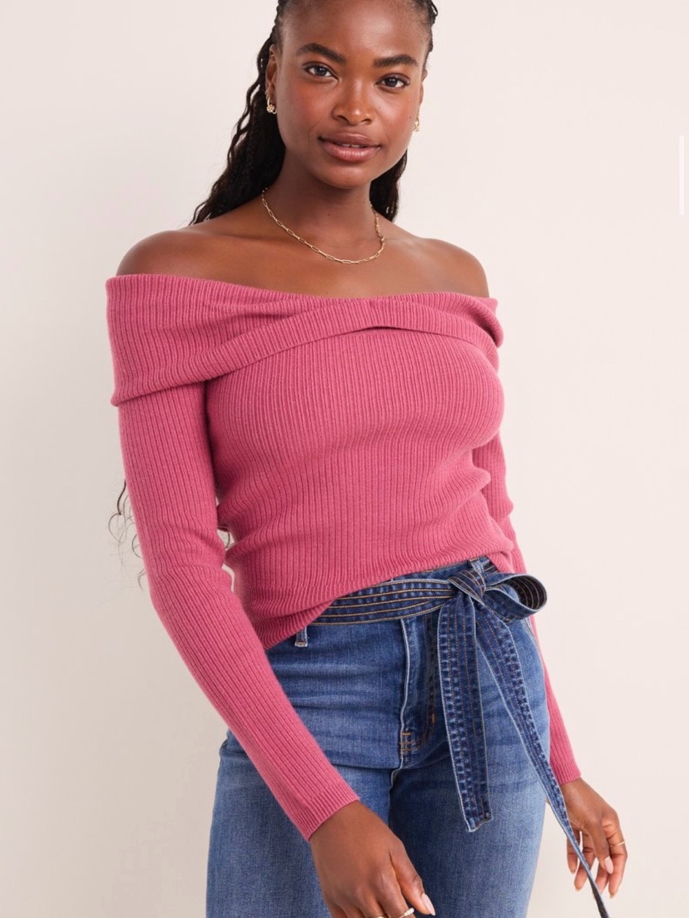Francesca's Collections Off-the-Shoulder Ribbed Sweater in Rose